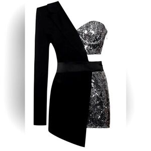 Luxe Dress Sequin Embellished Deconstructed Hybrid One Shoulder Blazer Romper